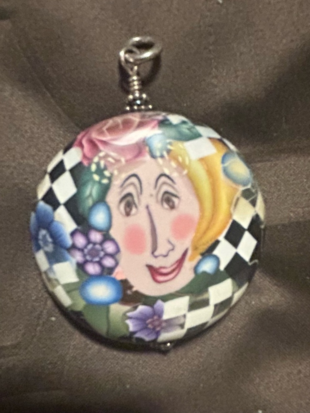 Designer Sergio Bustamante Hand-Painted Colorful Face Pendant Necklace.
